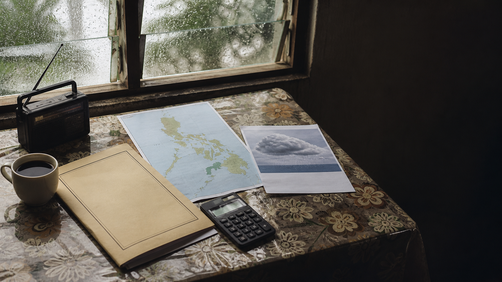 A Filipino work table with a radio, coffee, calculator, weather sheet and Philippine map beside a rain-speckled jalousie window.