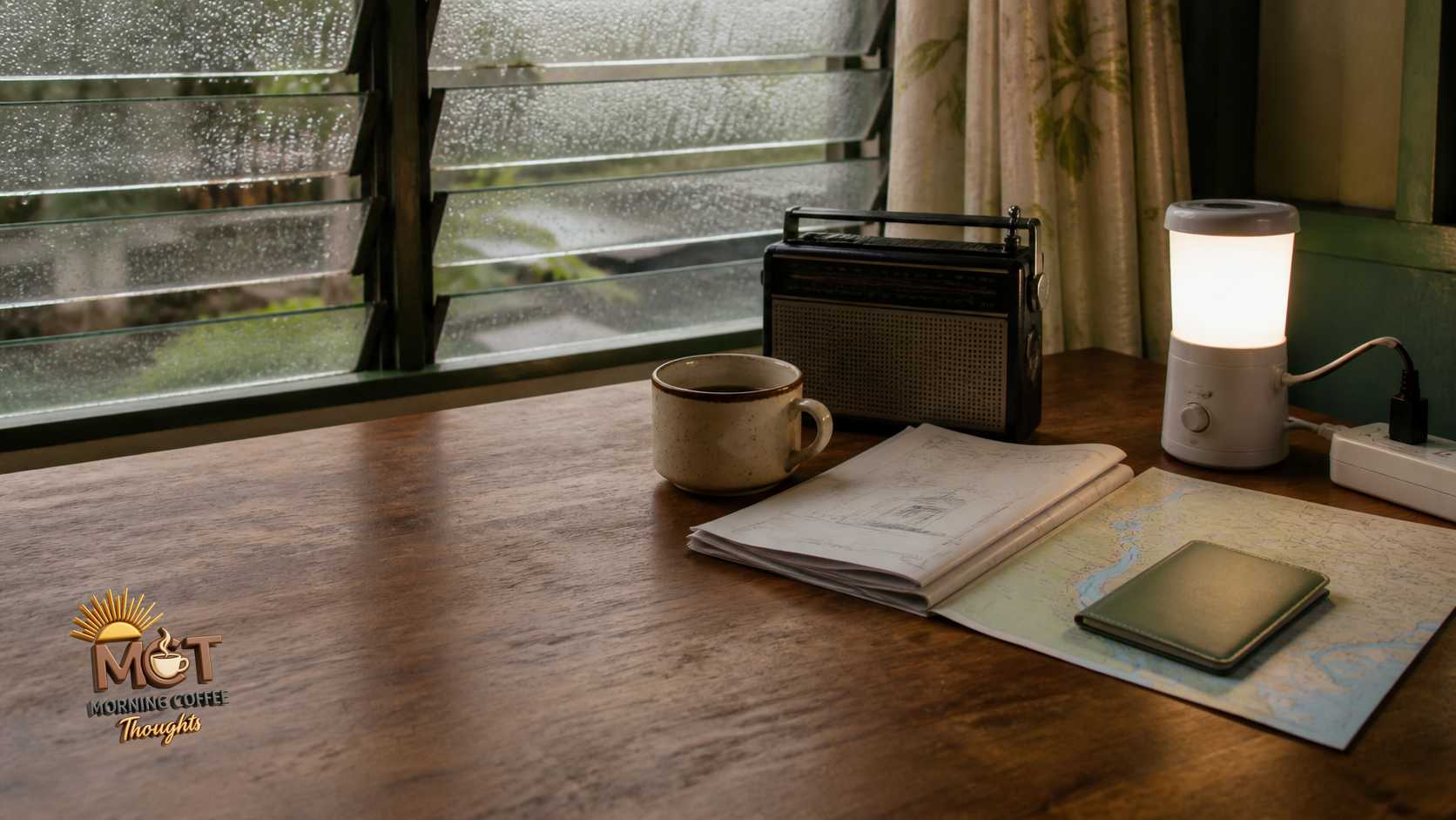 A Filipino work table with coffee, a radio, school repair papers, a map, a travel folder and a rechargeable lamp beside a rain-speckled jalousie window.