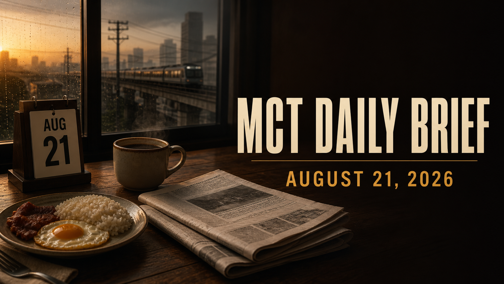 A Filipino breakfast table beside a rain-streaked window, with a calendar marked August 21 and the MCT Daily Brief title.