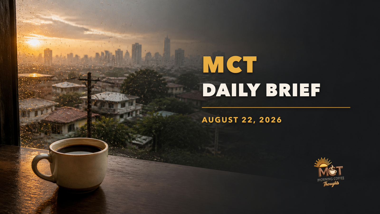 MCT Daily Brief cover for August 22, 2026, showing a rainy Metro Manila morning and a cup of coffee.