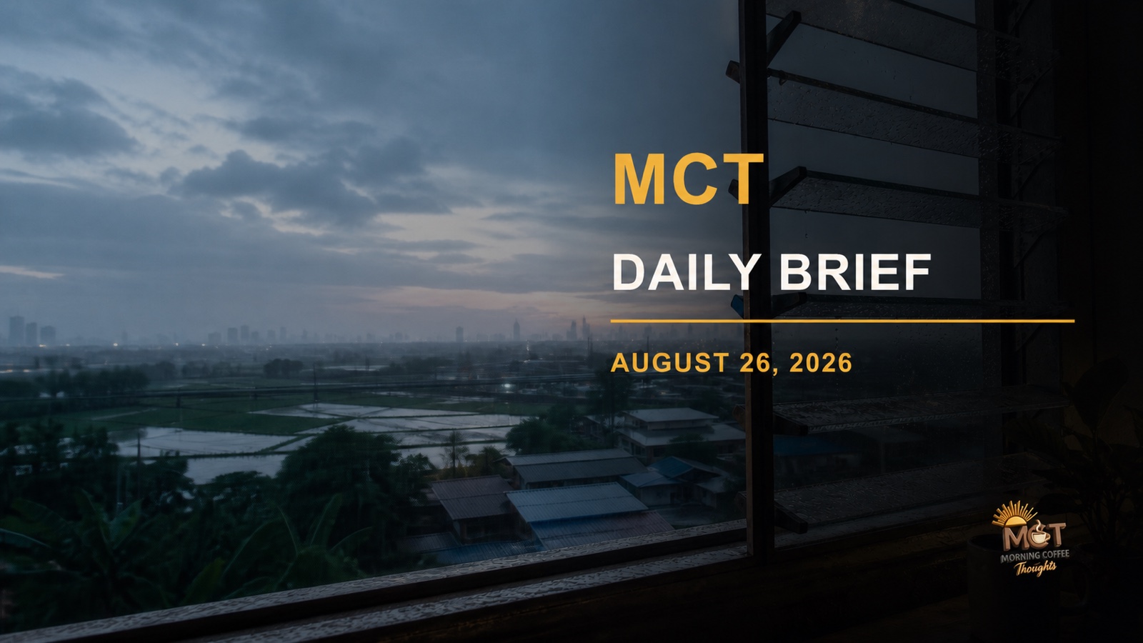 MCT Daily Brief cover for August 26, 2026, showing a rainy morning view through a window