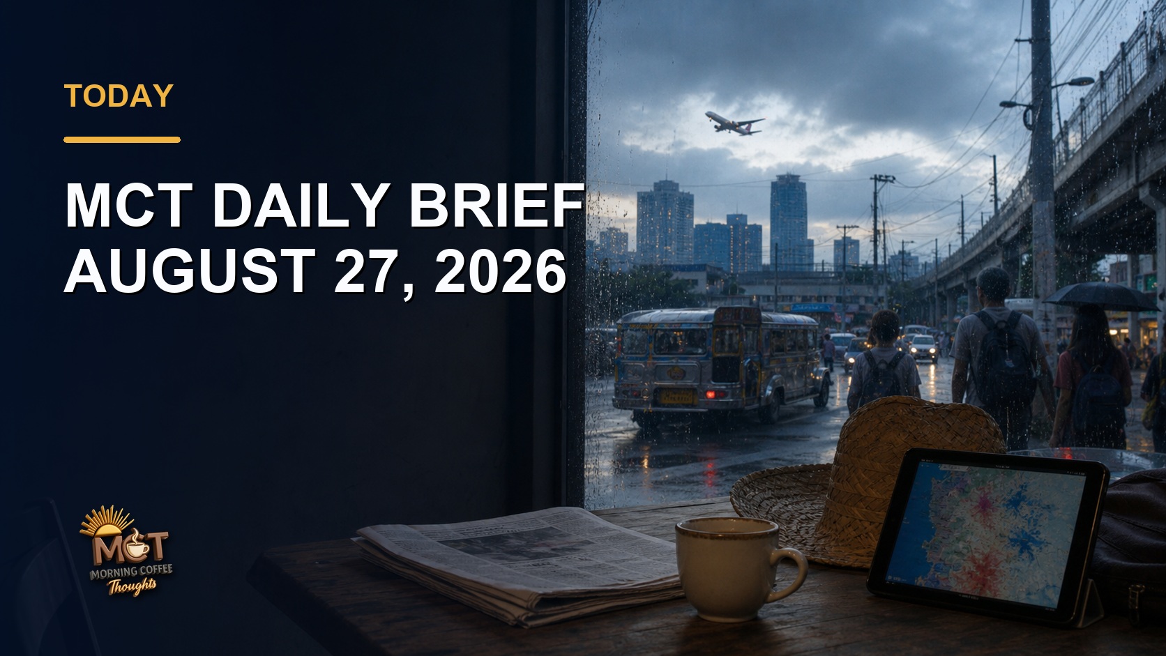 A rain-darkened Manila morning with a jeepney, commuters, a coffee cup, newspaper, straw hat, and a tablet showing a hazard map.