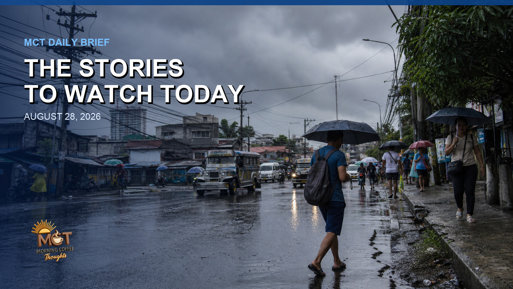 A rain-soaked Manila street with commuters, jeepneys, umbrellas, puddles, and the ordinary clutter of a wet morning.