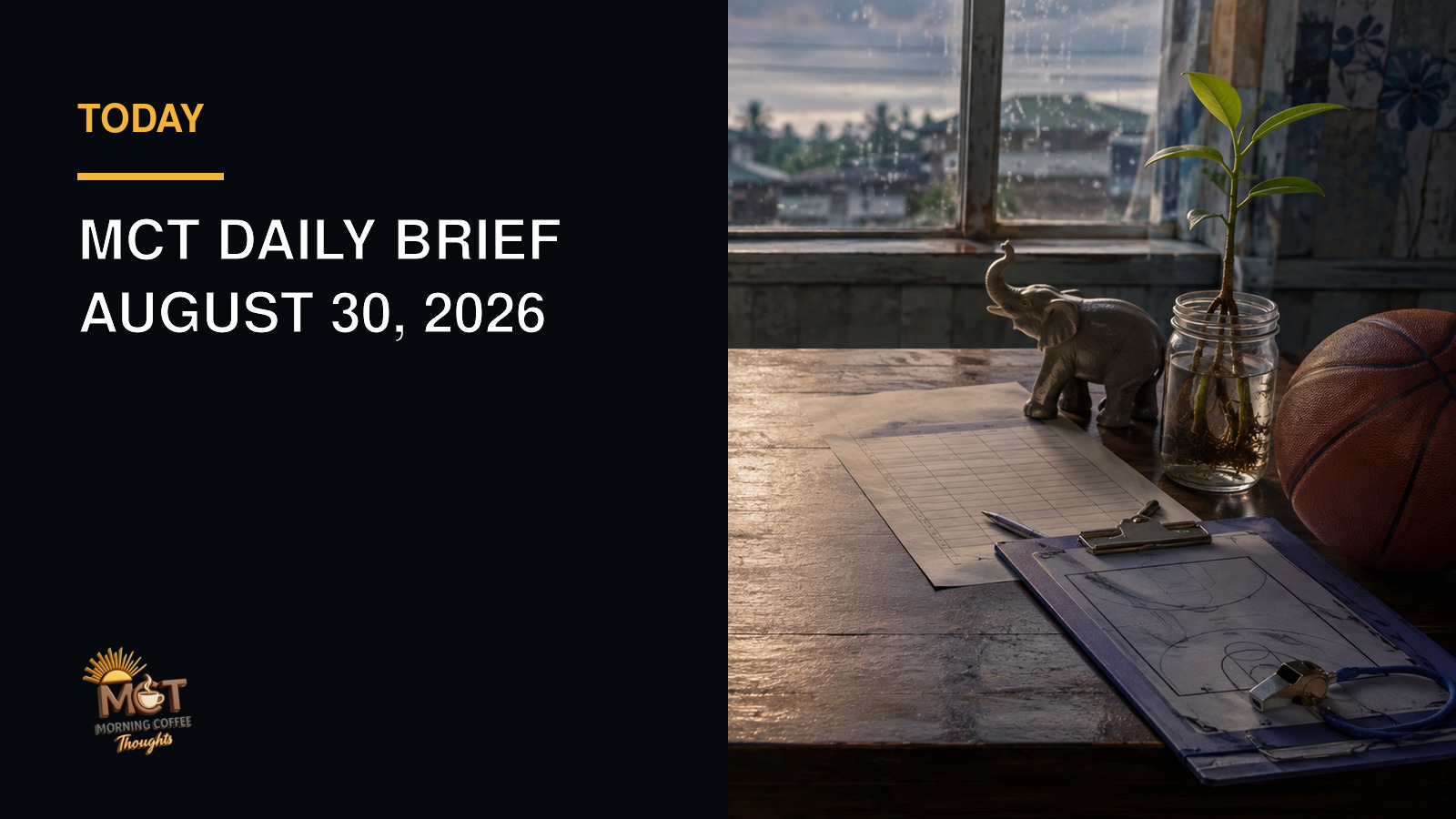 A conceptual editorial still life with a bridge sketch, election sheet, basketball clipboard, elephant figurine, mangrove sapling and morning coffee. Not a documentary image.