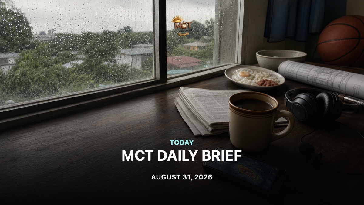 A conceptual editorial breakfast table beside a rain-streaked Philippine window, with coffee, a newspaper, weather imagery, public-works plans, a basketball and headphones. Not a documentary image.