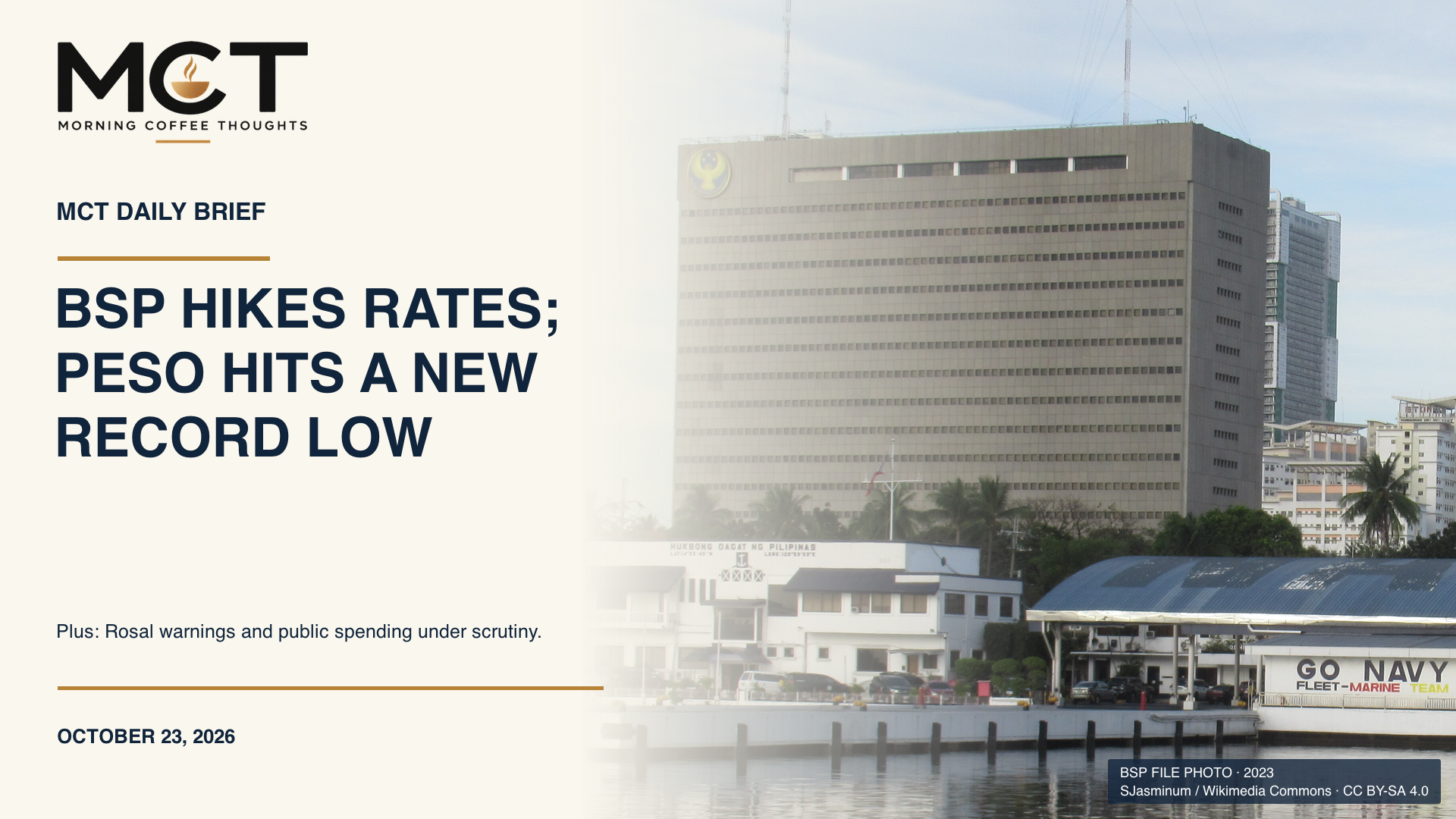 MCT Daily Brief, October 23, 2026, with a file photograph of the BSP building.