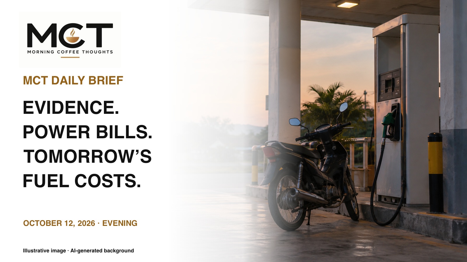 MCT Daily Brief evening cover with a petrol pump and motorcycle. AI-generated illustrative background; exact supplied MCT logo.