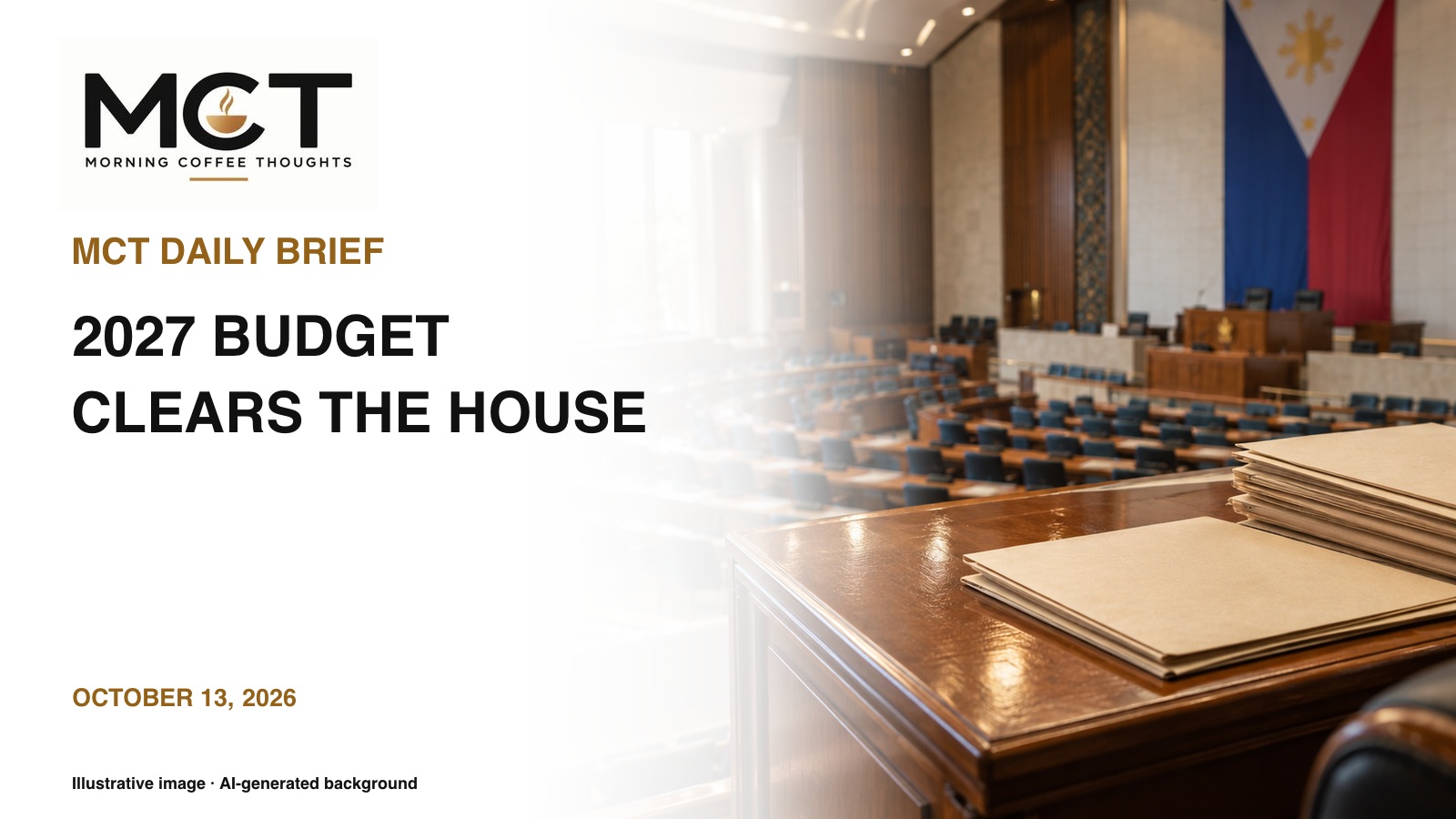 MCT Daily Brief cover illustrating the House budget vote with an empty legislative hall. AI-generated illustrative background; exact supplied MCT logo.
