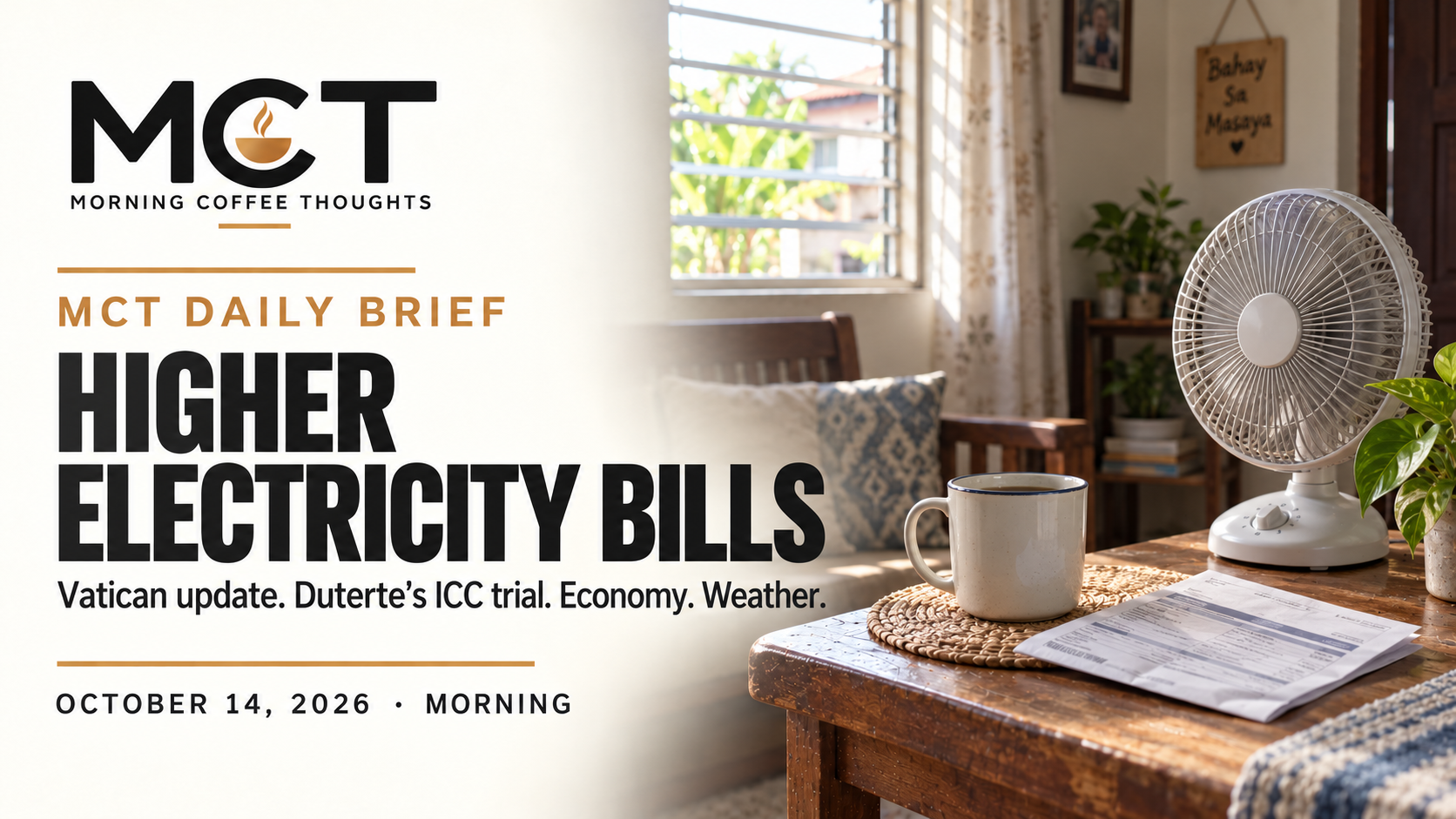 MCT Daily Brief morning cover showing a household electricity bill, coffee mug and electric fan.