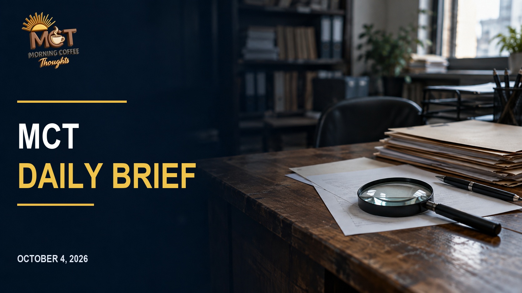 An editorial still life of folders, papers and a magnifying glass on an office desk.