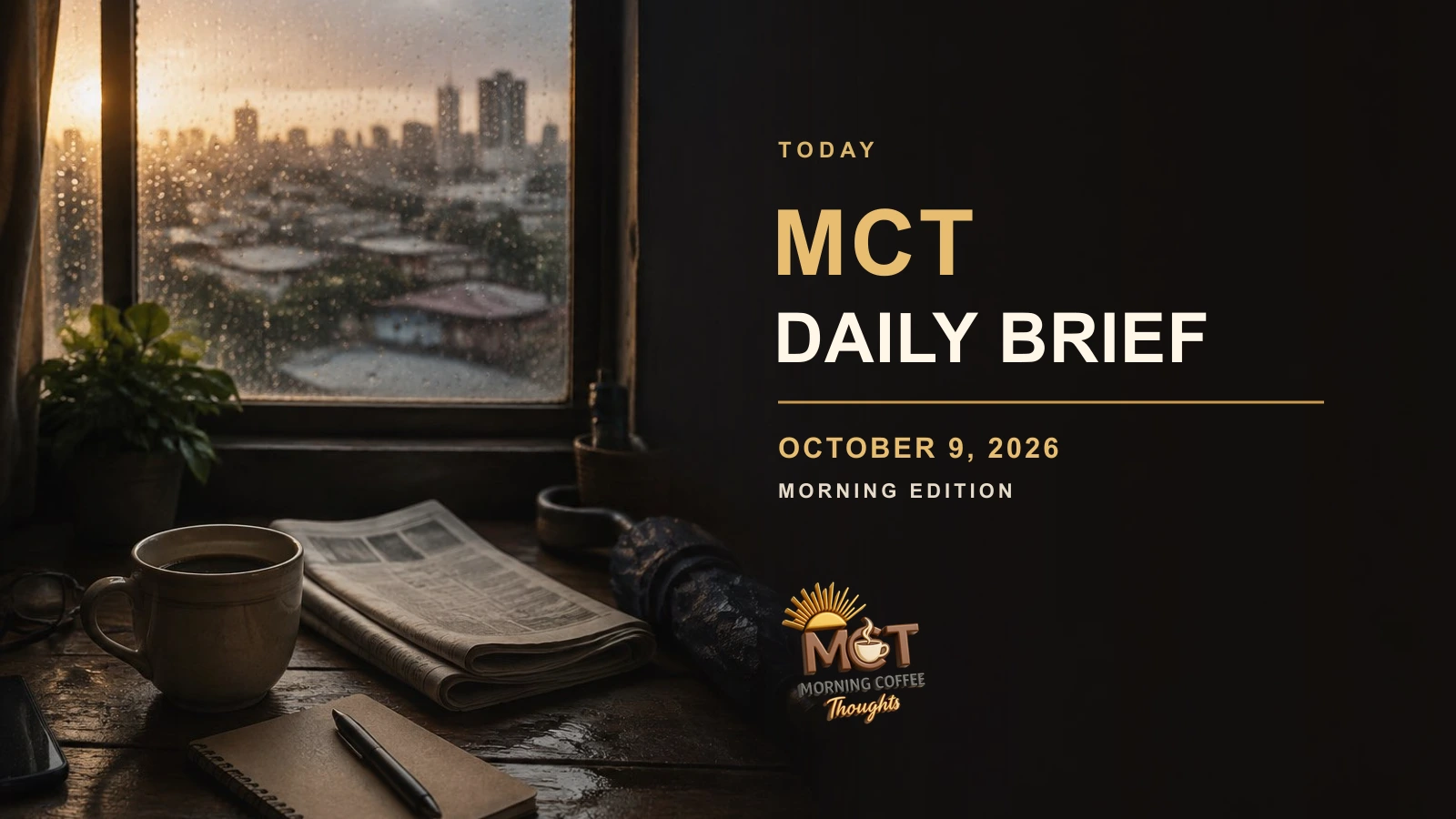 MCT Daily Brief editorial cover for October 9, 2026, morning edition: coffee and a newspaper beside a rainy city window.