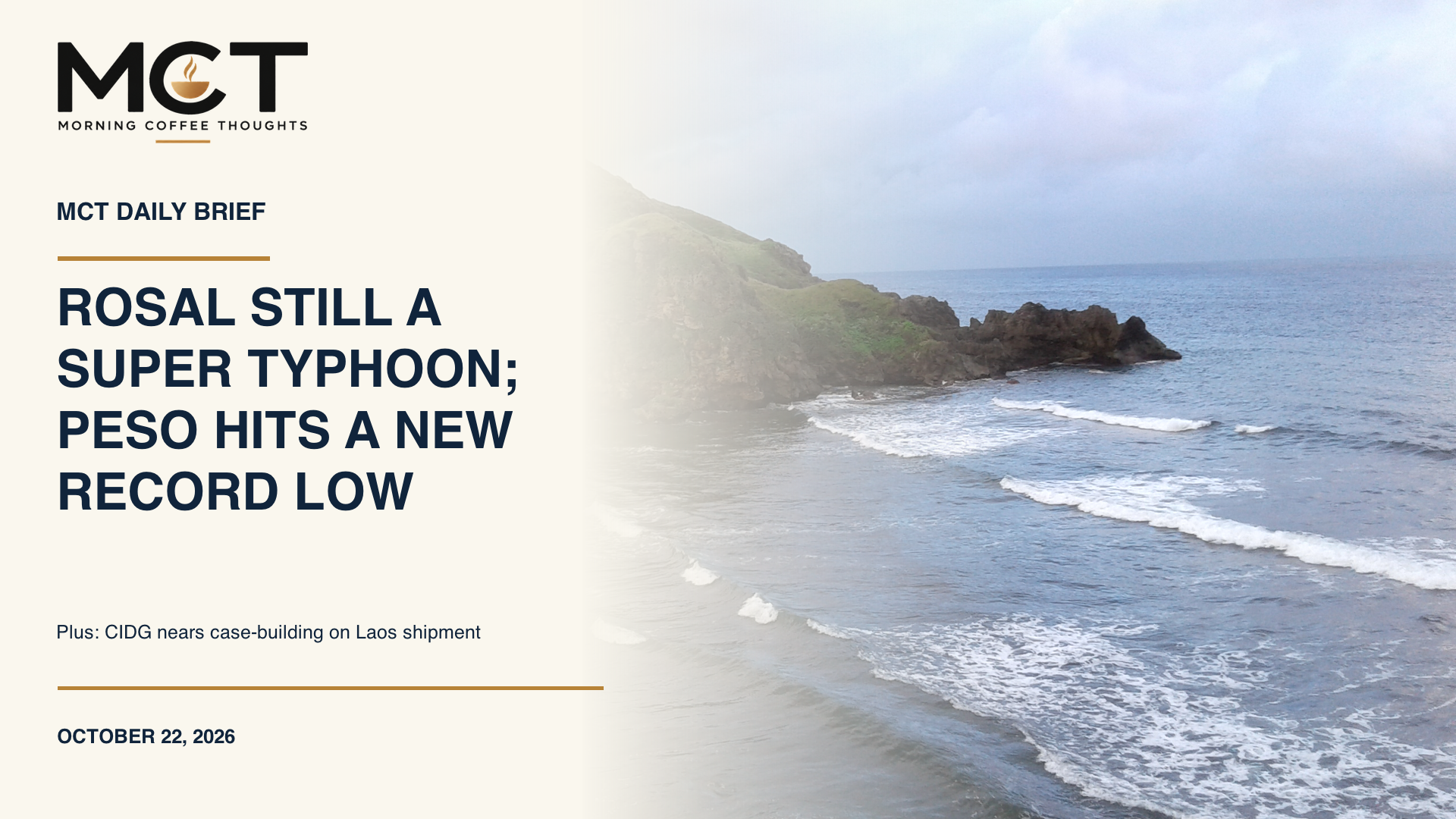 MCT Daily Brief cover with a Batanes coastline file photo and the October 22, 2026 headlines.
