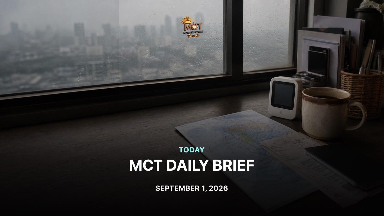 A conceptual editorial morning desk beside a rain-speckled, hazy Metro Manila window, with an air monitor, weather map, fuel receipt, boarding pass and coffee. Not a documentary image.