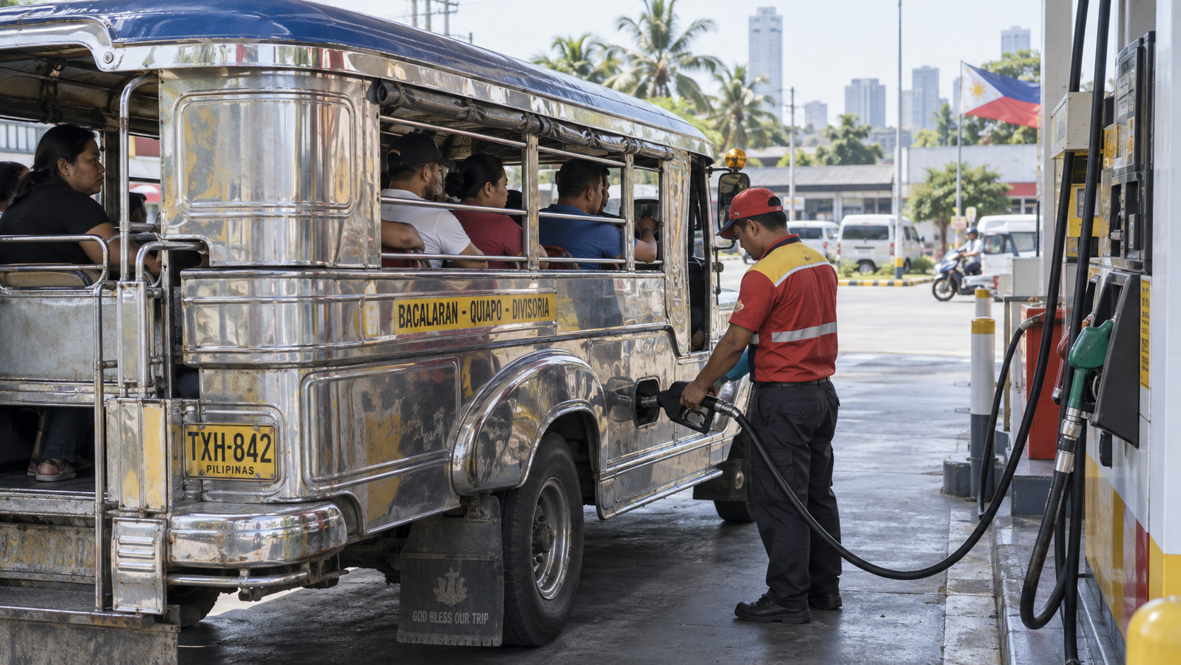 AI-generated illustration of a Philippine gas-station attendant refueling a jeepney carrying passengers.