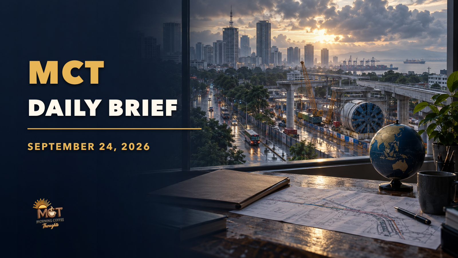 MCT evening Daily Brief cover showing storm weather, power infrastructure, housing, public relief records, and a courtroom file.