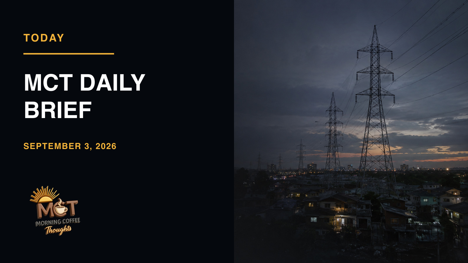 A conceptual editorial image of transmission towers above a community at dusk, representing the September 3 power-grid alerts in the Visayas and Mindanao. Not a documentary image.