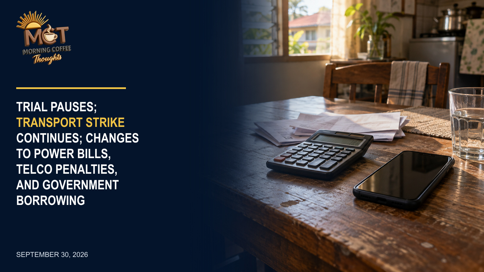A calculator, phone, and household bills on a table.