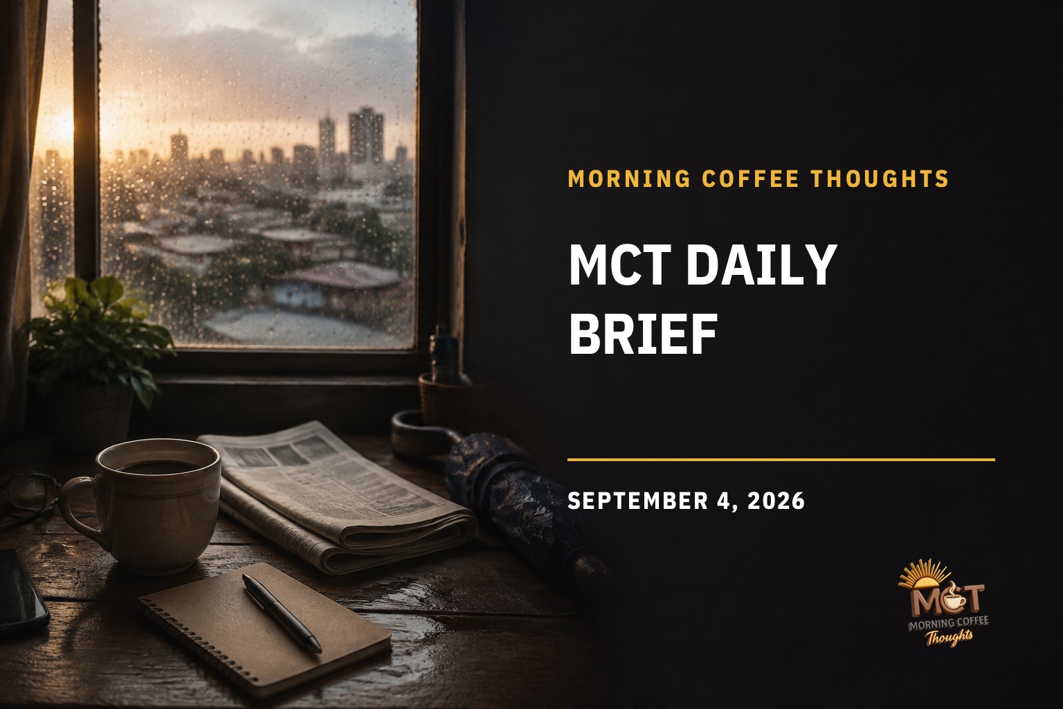 A rainy morning seen through a window beside coffee, a newspaper, and a notebook, representing the September 4 Daily Brief.