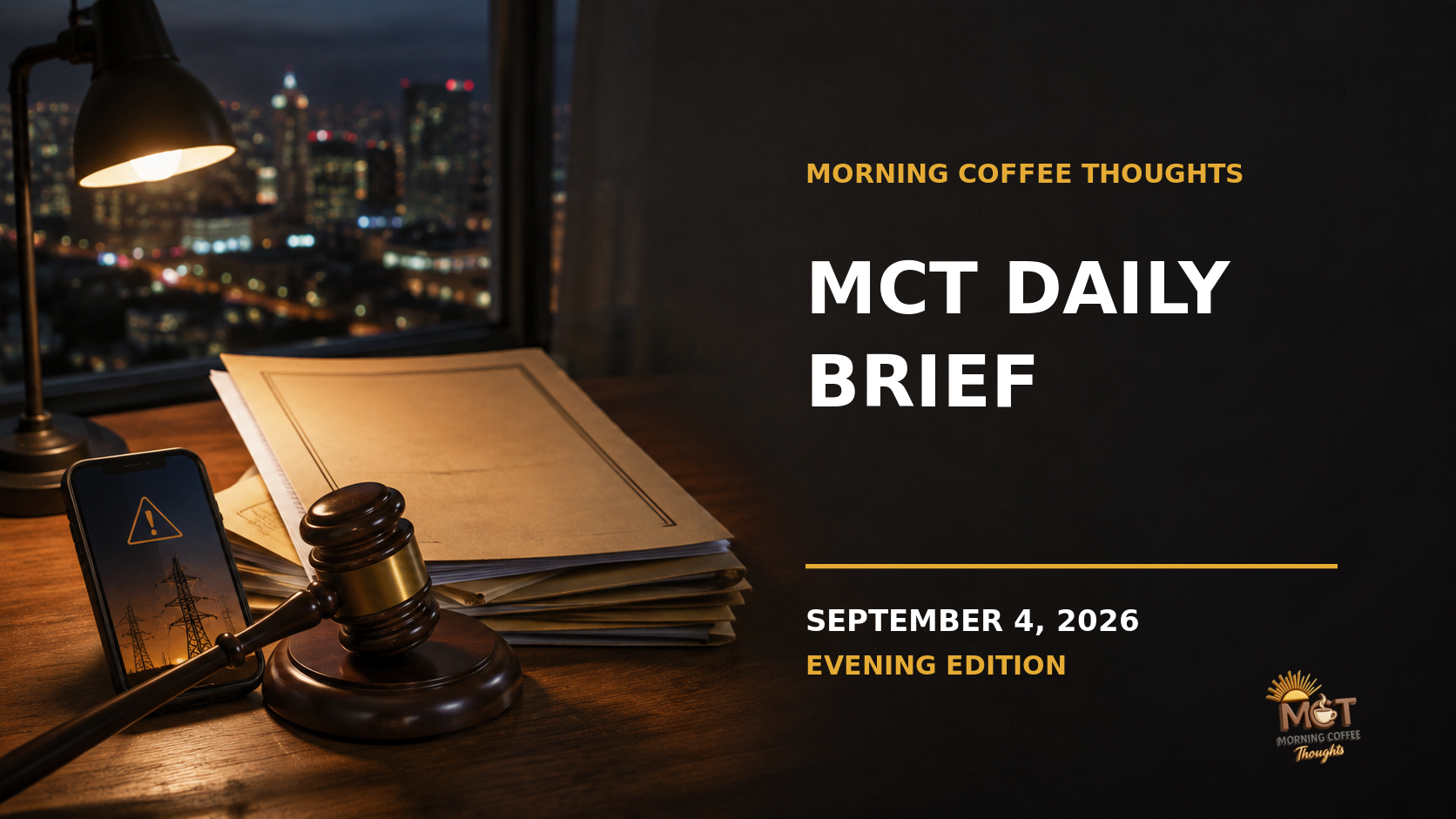 A conceptual editorial image of a court file and gavel beside power-grid warning lights over a Philippine city at dusk, representing the September 4 evening Daily Brief. Not a documentary image.