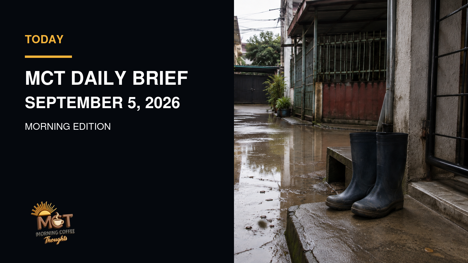 Conceptual illustration of rain boots on a raised doorstep beside shallow muddy water in a Philippine residential lane. Not a photograph of a specific flood event.