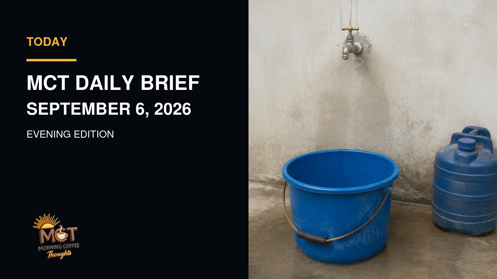 Conceptual illustration of a dry household tap above an empty pail. Not a photograph of the Butuan water shortage.