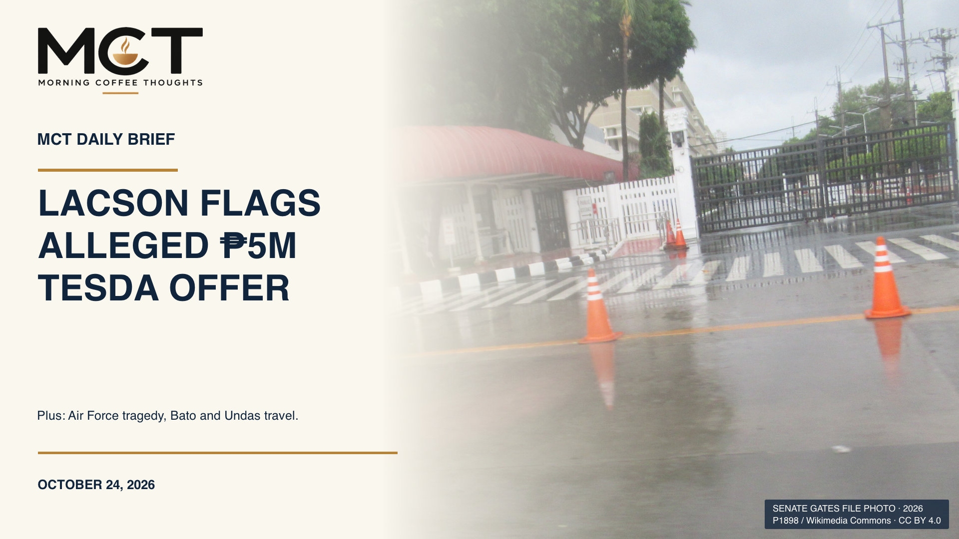 Lacson flags alleged ₱5M TESDA offer. Pasay Senate gates file photograph, not the TESDA building or the alleged offer.