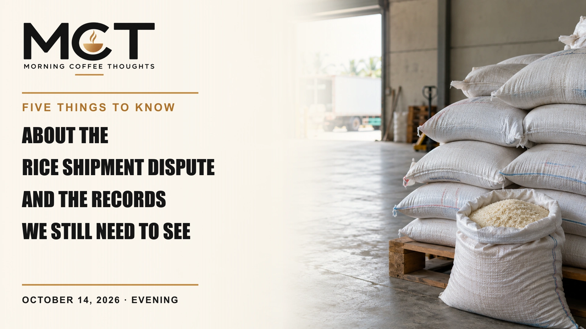 MCT Five Things cover showing unbranded rice sacks in a warehouse; a symbolic scene.