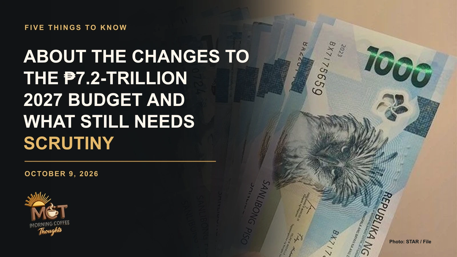 Editorial cover about proposed 2027 budget amendments, using a file photograph of Philippine peso banknotes. STAR / File. Not a photograph of an allocation or cash distribution.