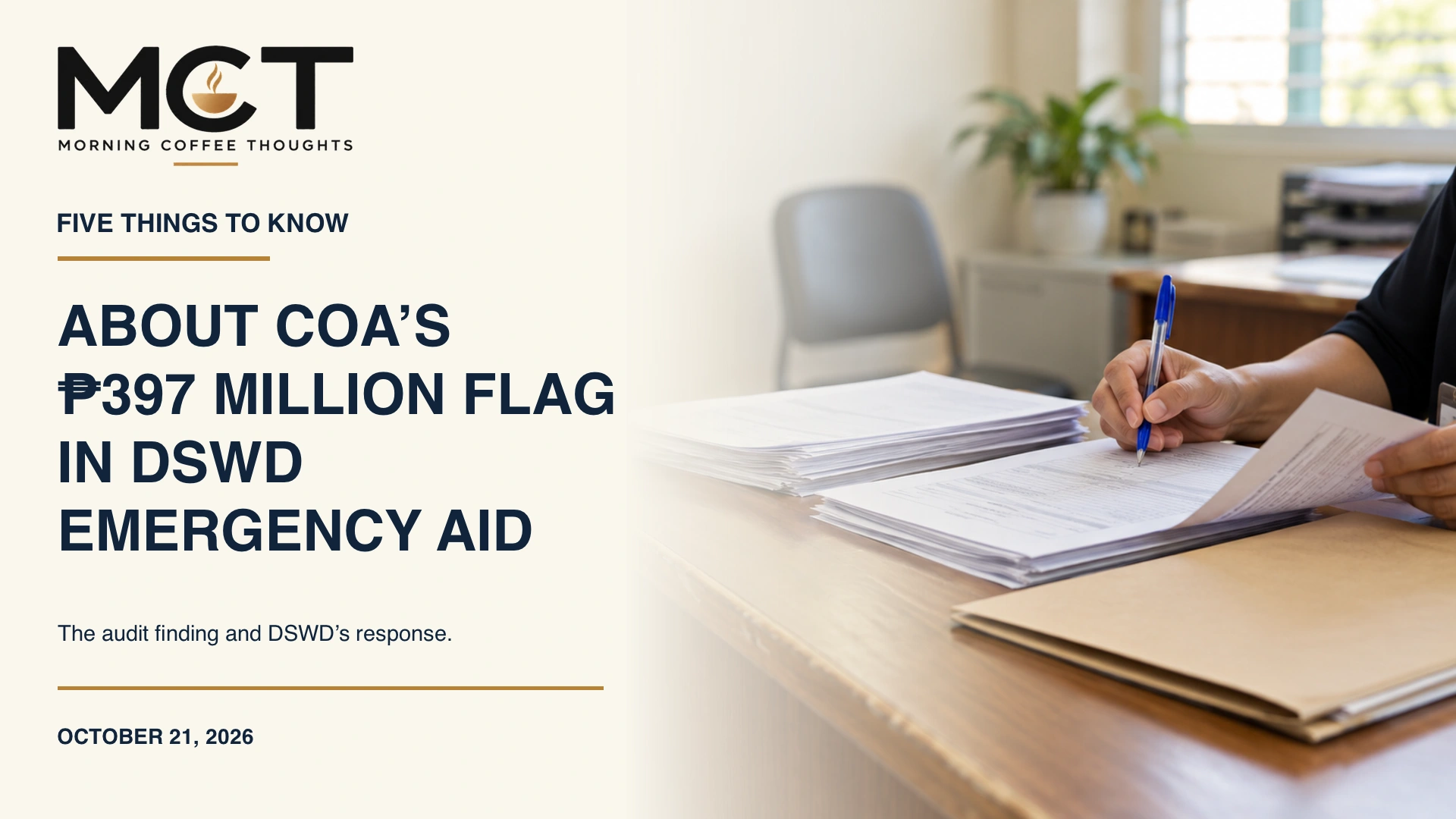 Illustrative MCT Five Things cover showing aid papers being reviewed on an office desk.