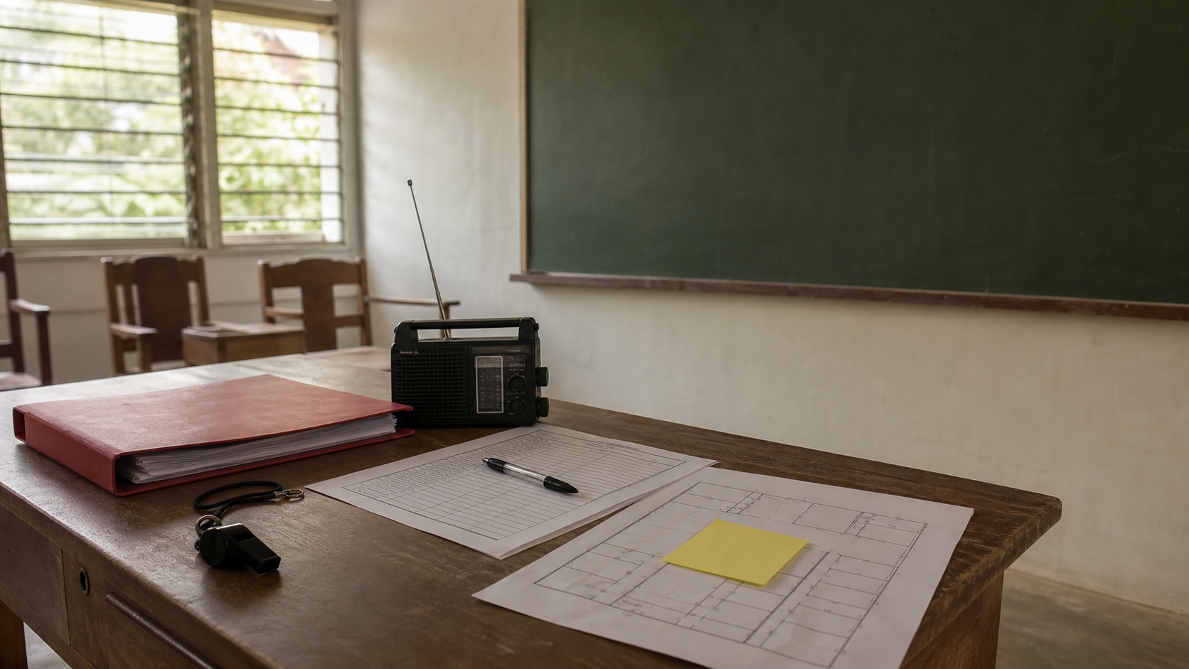 An empty Philippine public-school classroom with a safety folder, radio, whistle, attendance sheet and floor plan on a teacher desk.
