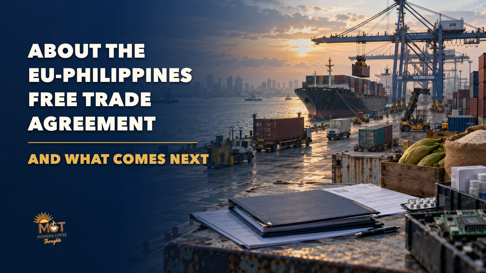 MCT cover about the EU-Philippines free trade agreement, showing Manila port operations, cargo, trade documents, agricultural goods, medicine, and electronics.