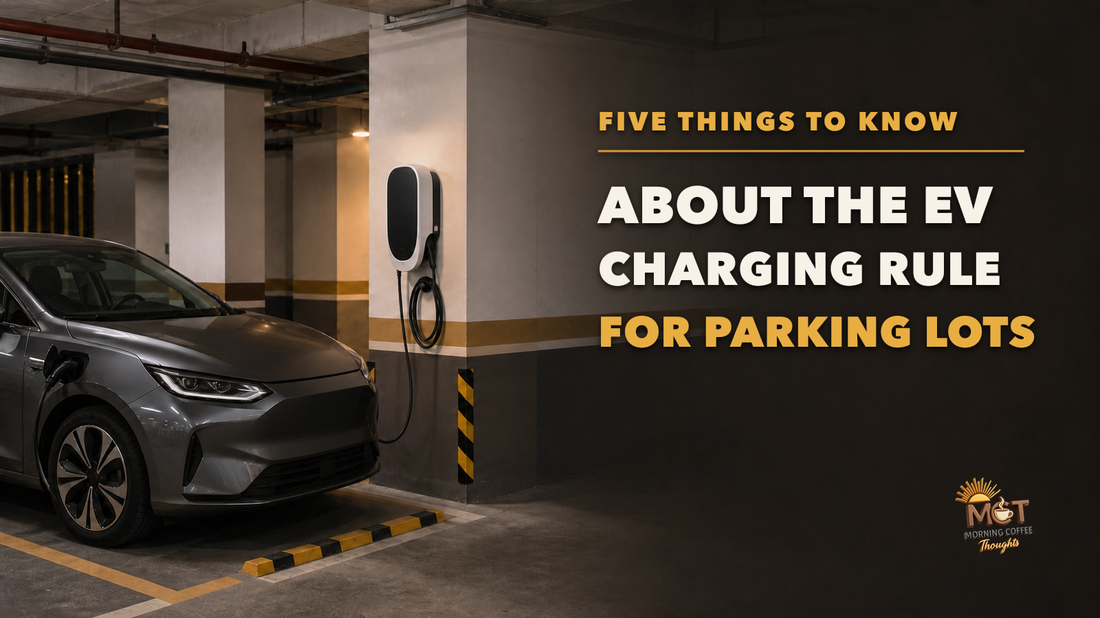 A generic electric car charging inside an older condominium parking garage.