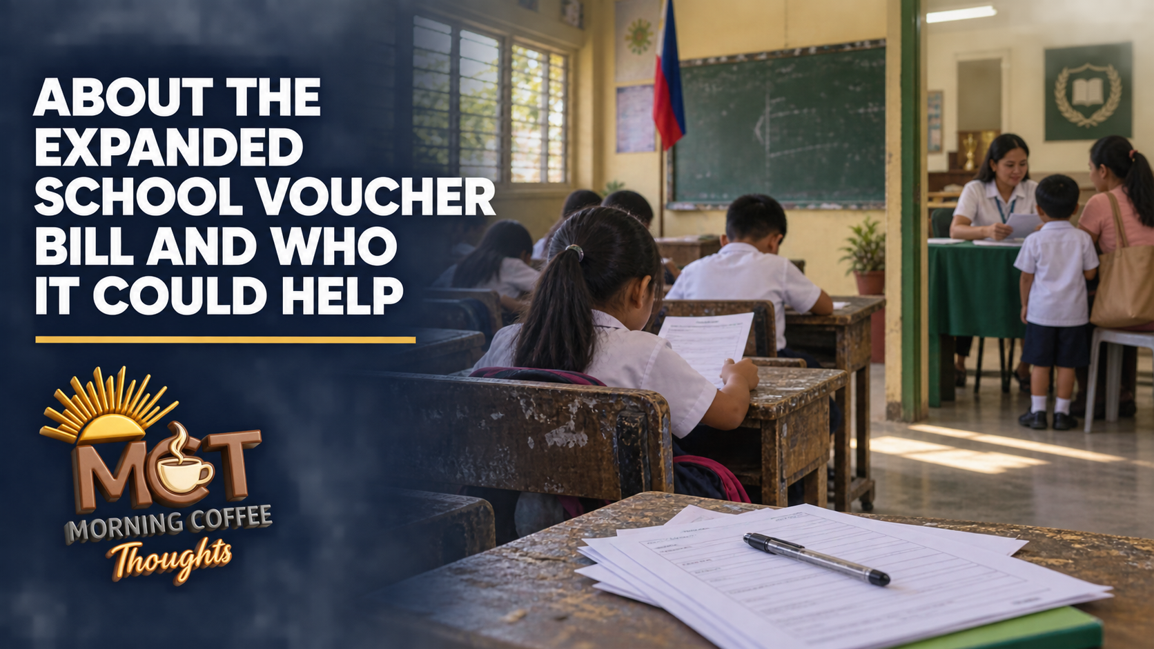 Philippine public-school classroom and private-school enrollment documents illustrating the expanded basic-education voucher proposal.