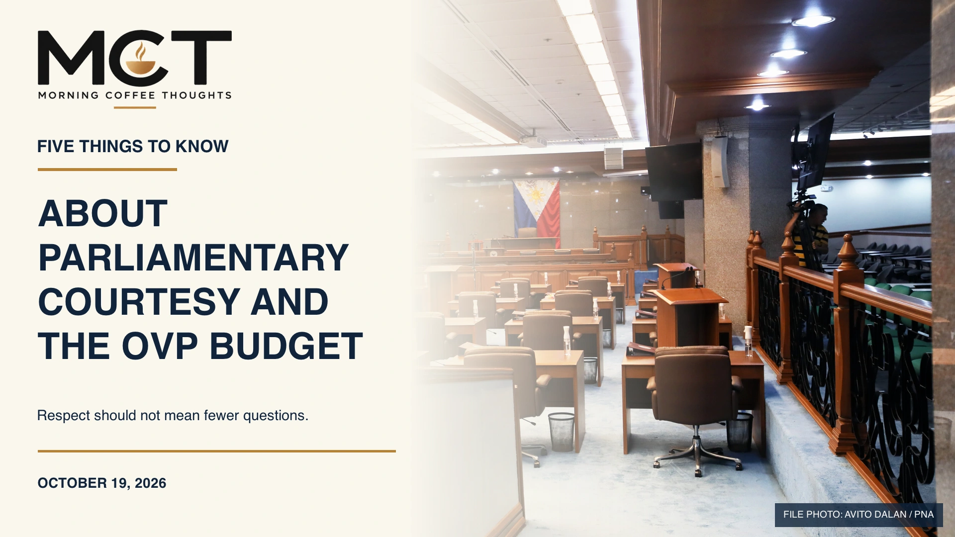 Philippine Senate Session Hall file photograph beside the title About Parliamentary Courtesy and the OVP Budget, with the official Morning Coffee Thoughts logo.