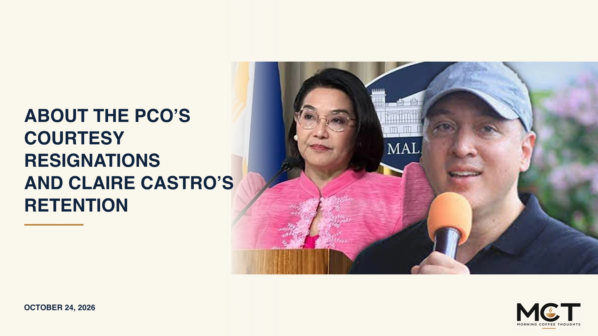 About the PCO's courtesy resignations and Claire Castro's retention. Composite of separate photographs of Claire Castro and Lino Cayetano.