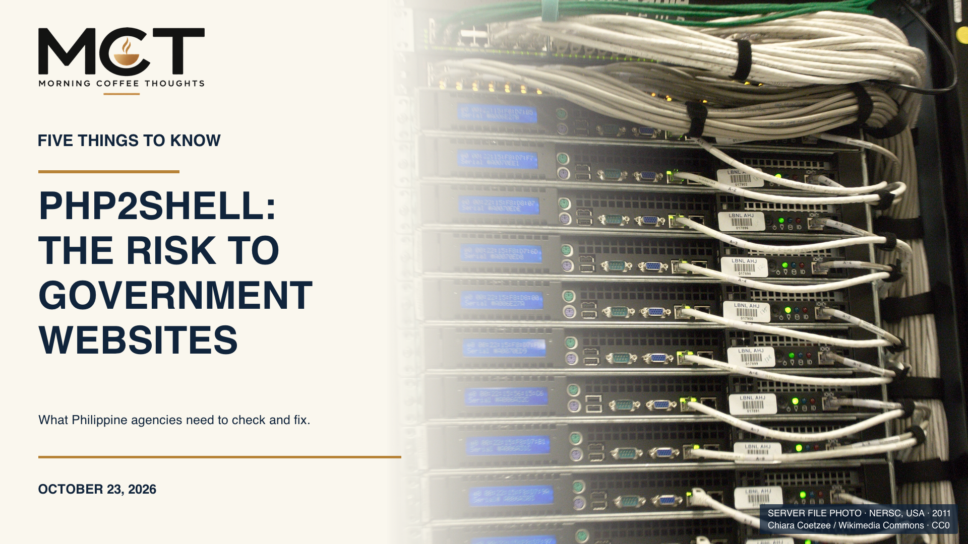 MCT Five Things cover about PHP2Shell risks, using a 2011 server-rack file photograph from NERSC in the United States.