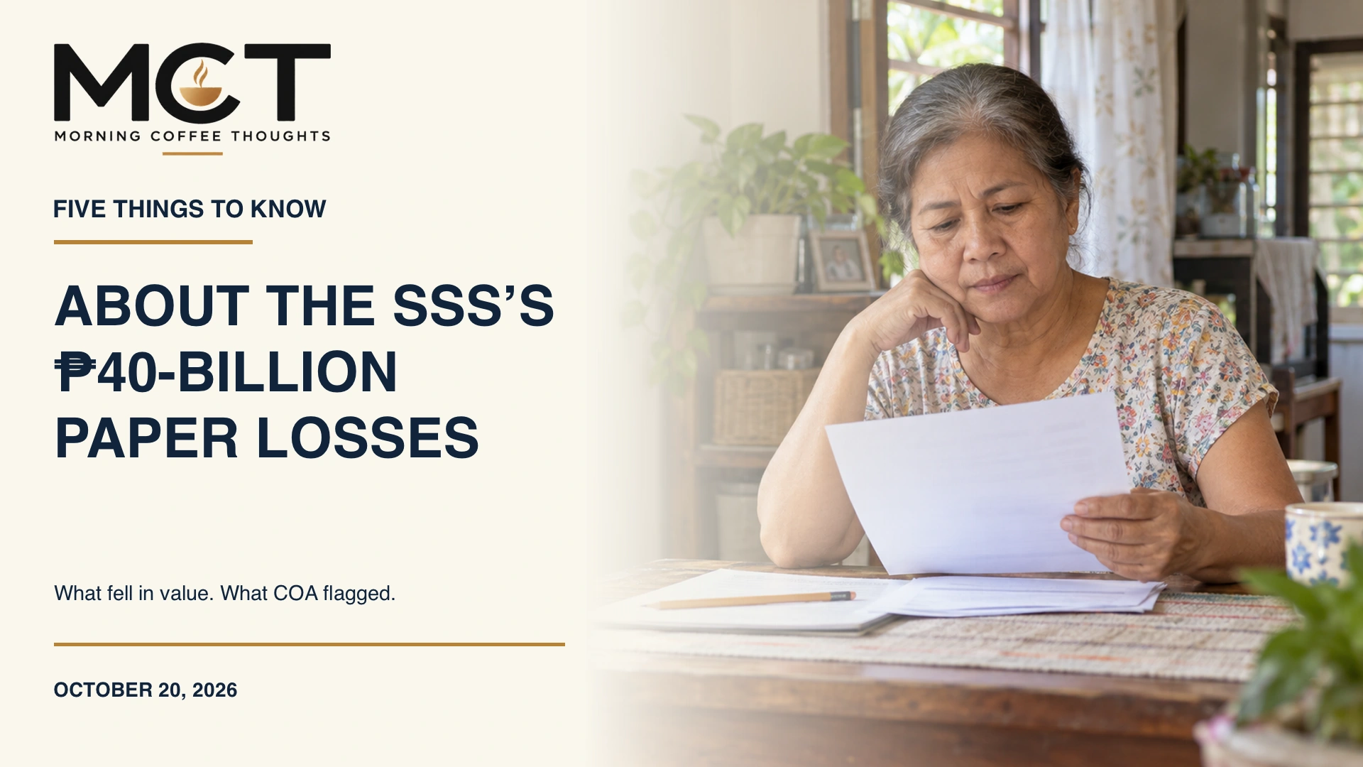 An older Filipino woman reviewing papers at home beside the MCT headline about SSS paper losses.
