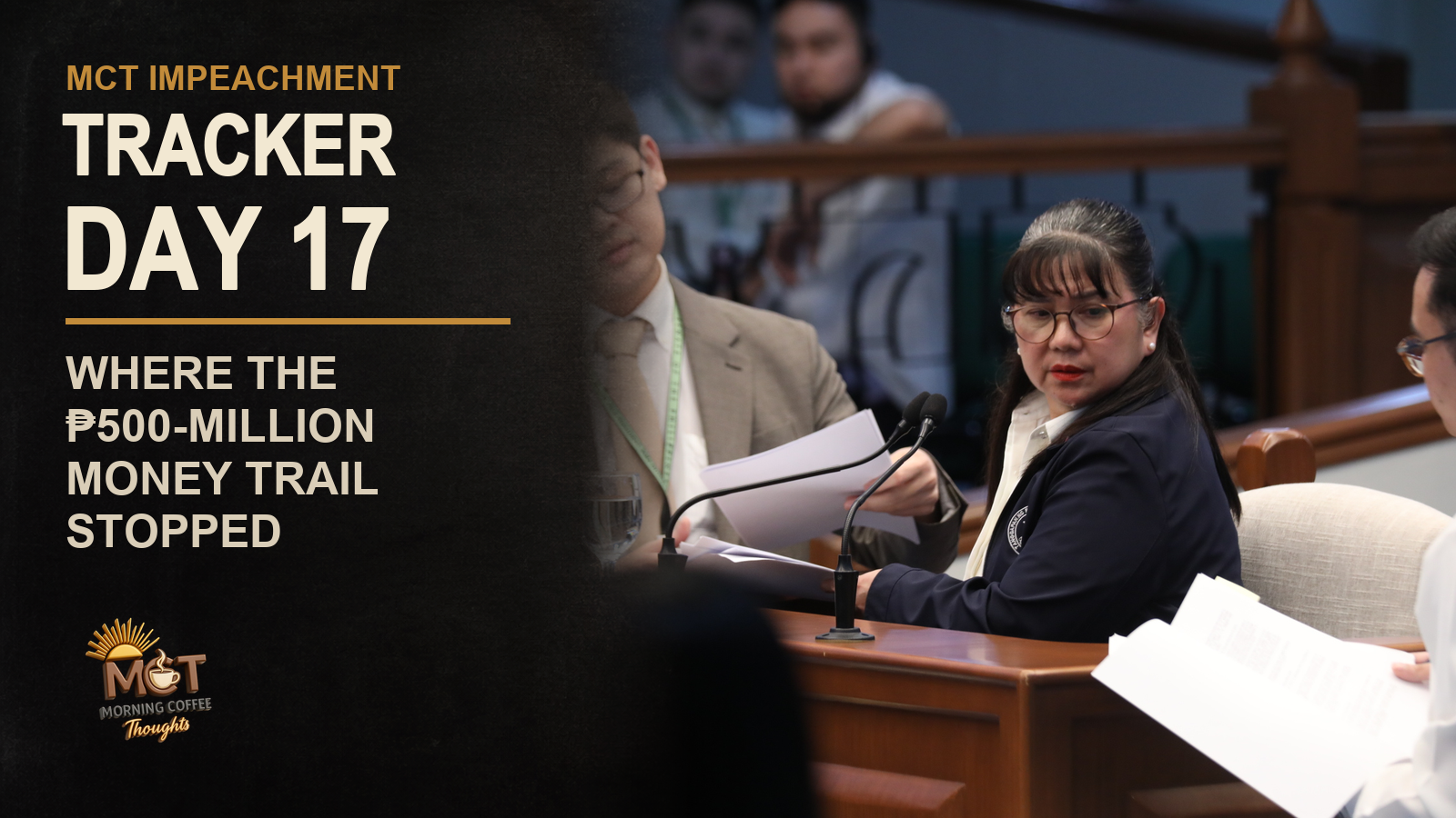 Gina Acosta testifying before the Senate impeachment court on August 24, 2026, beside the MCT Impeachment Tracker Day 17 headline.