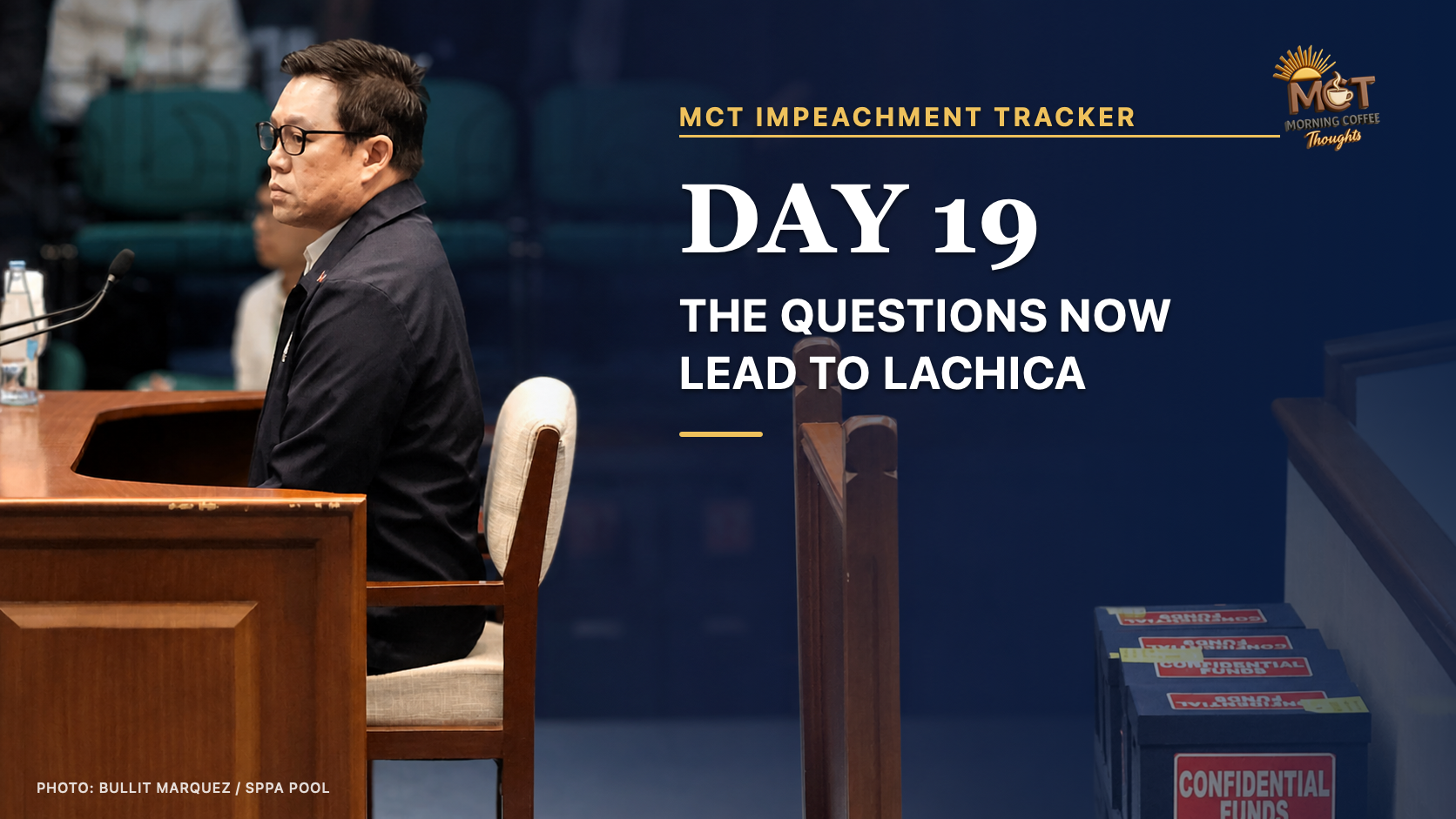 Lemuel Ortonio at the witness stand during Day 19 of the Sara Duterte impeachment trial, beside confidential-funds document boxes and the MCT Impeachment Tracker headline.