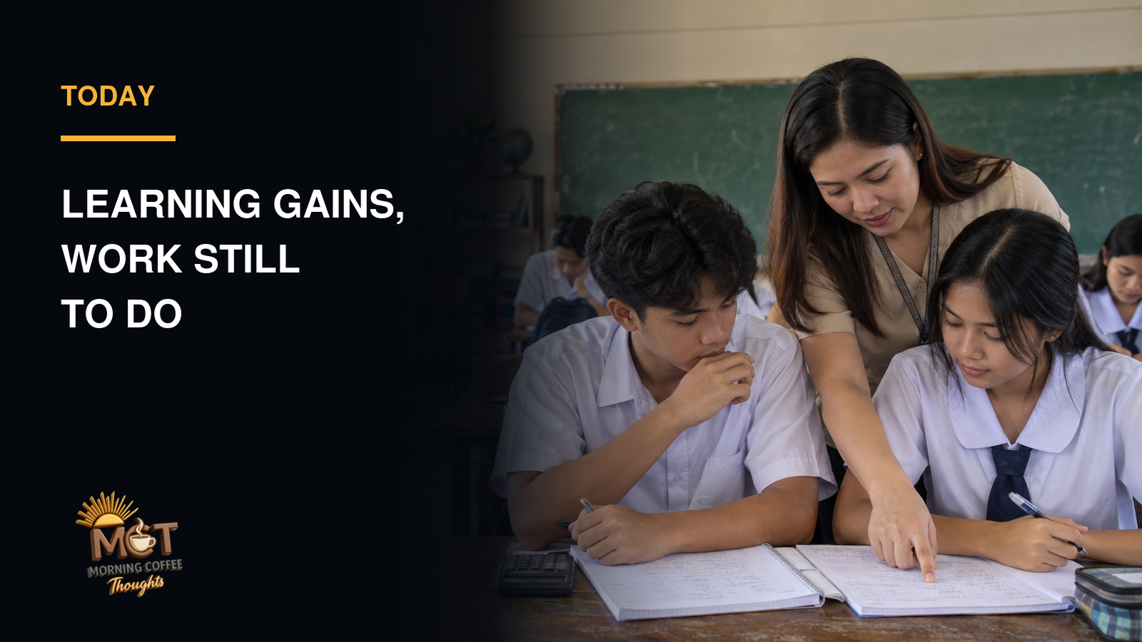 Teacher helping students with classroom work.