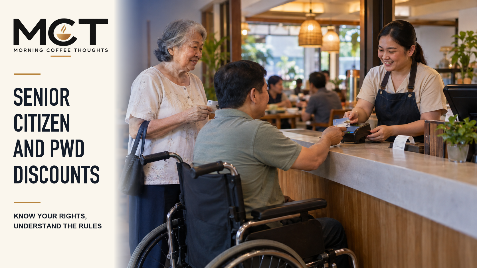 A senior woman and a man using a wheelchair present identification to a restaurant cashier.