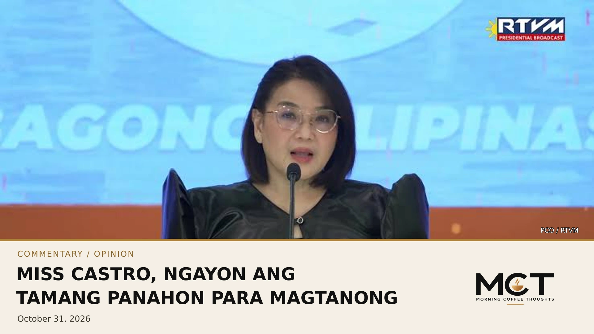 Claire Castro speaking at the October 27, 2026 press briefing in Cagayan de Oro City, with the headline Miss Castro, ngayon ang tamang panahon para magtanong and Morning Coffee Thoughts branding.