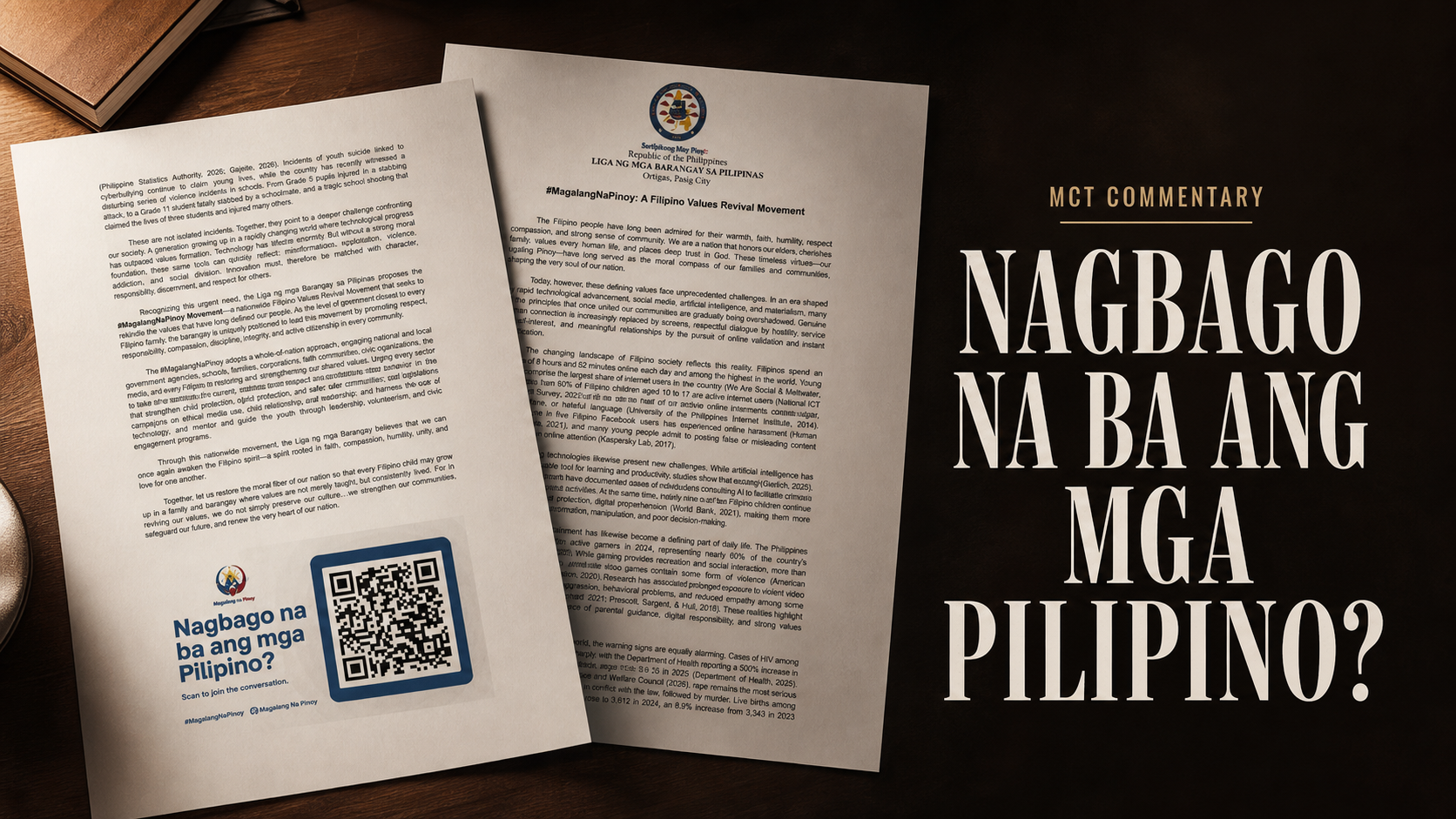 Two pages of the #MagalangNaPinoy values-revival document arranged on a dark wooden desk beside the title ‘Nagbago Na Ba ang mga Pilipino?’