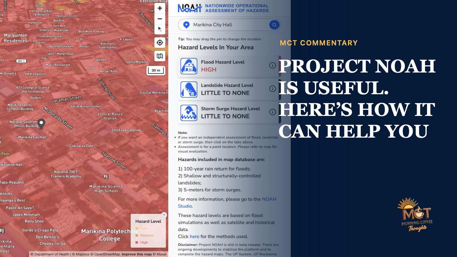 MCT Commentary cover using Project NOAH’s hazard map for Marikina City Hall beside the title “Project NOAH Is Useful. Here’s How It Can Help You.”