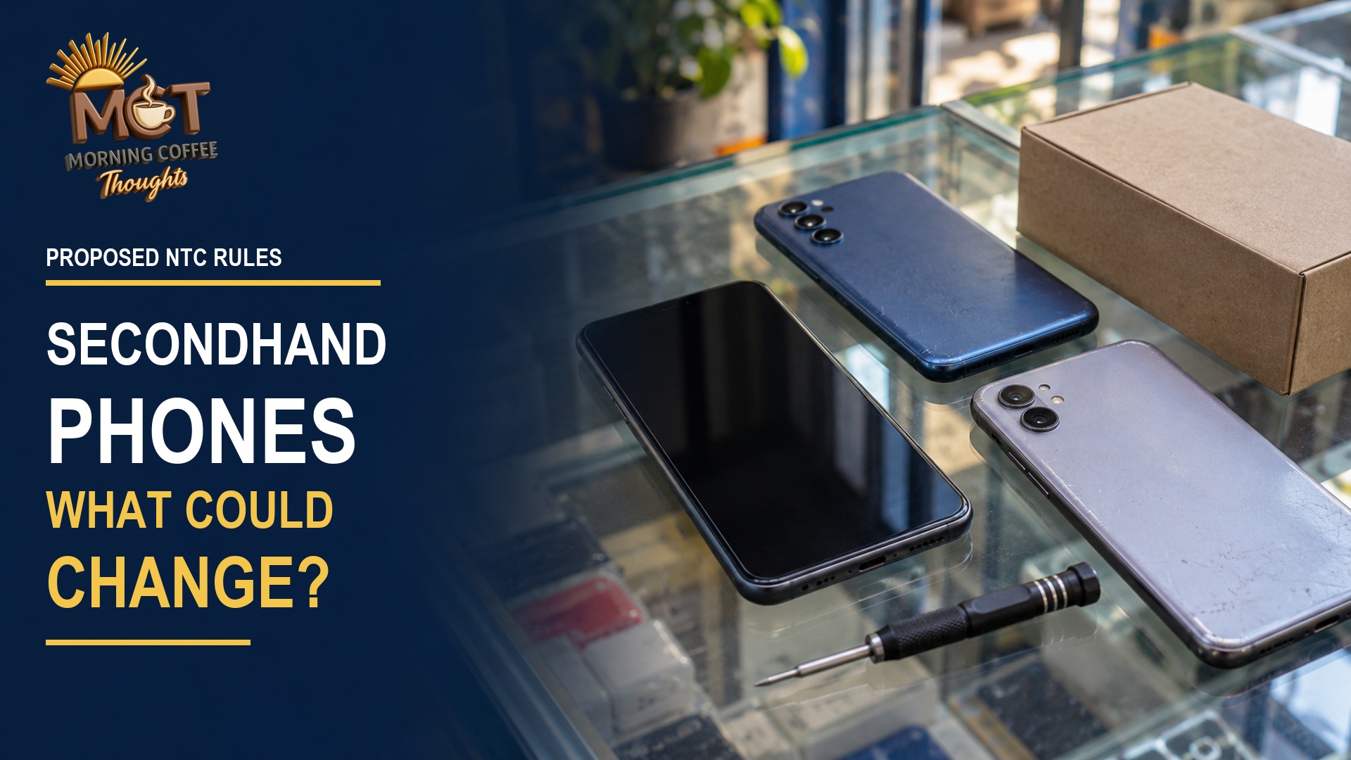 Secondhand smartphones displayed on a shop counter.