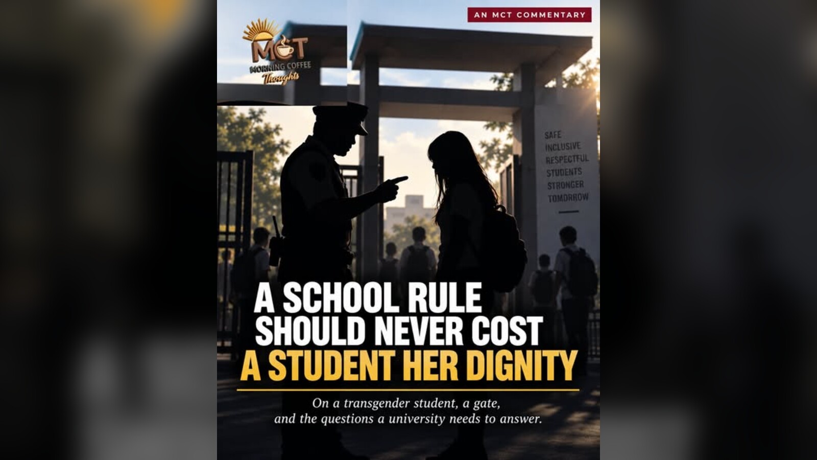 A student and a security guard at a university gate beside the article title.