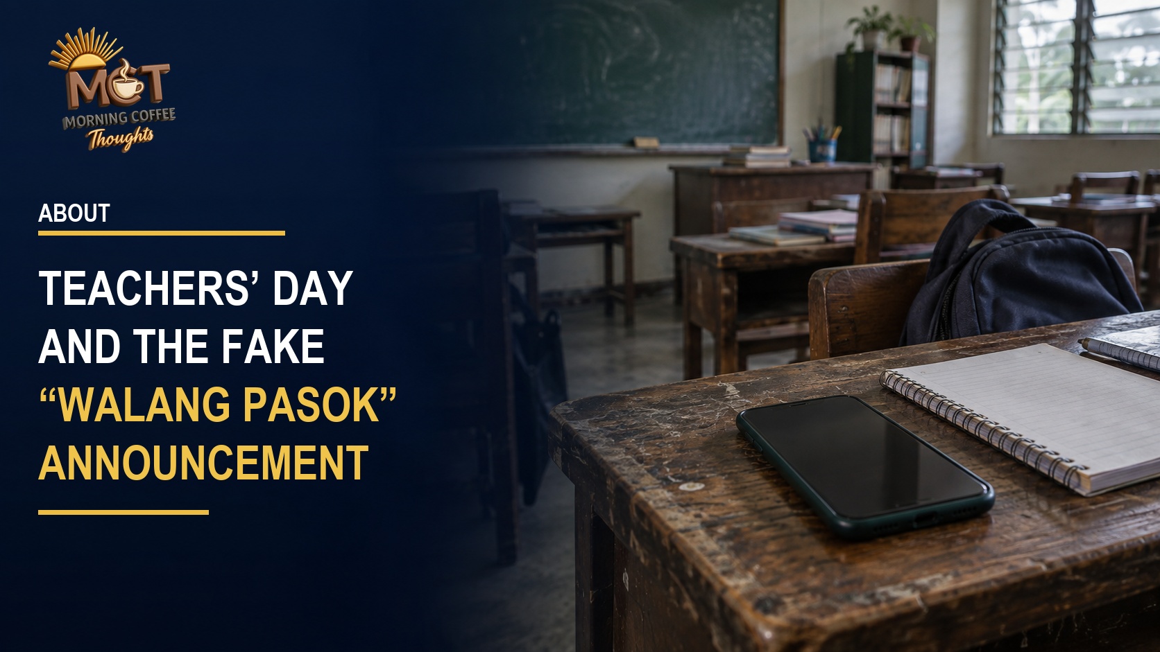 A phone and school supplies in an empty Philippine classroom.