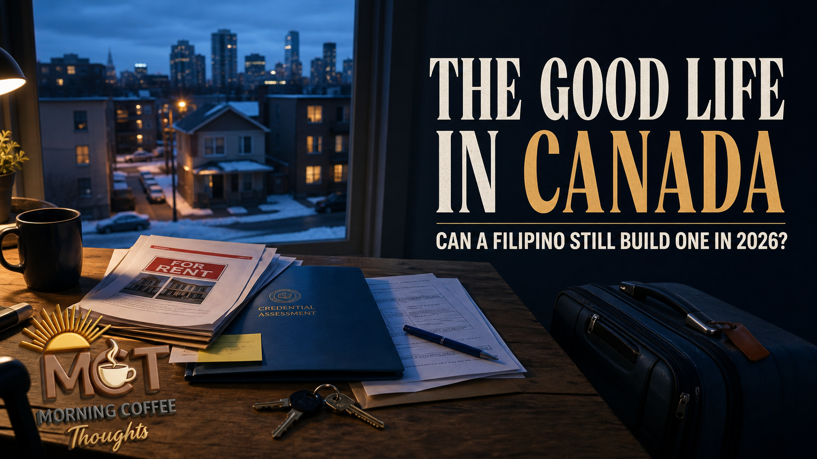 A Canadian residential neighborhood at blue hour, with rental papers, credential-assessment documents, house keys and a suitcase beneath the title The Good Life in Canada.