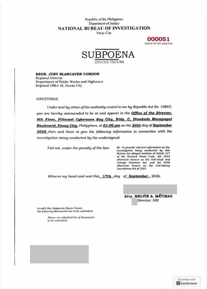 Page 1 of the NBI subpoena and Davao project records attached to the original Facebook post.