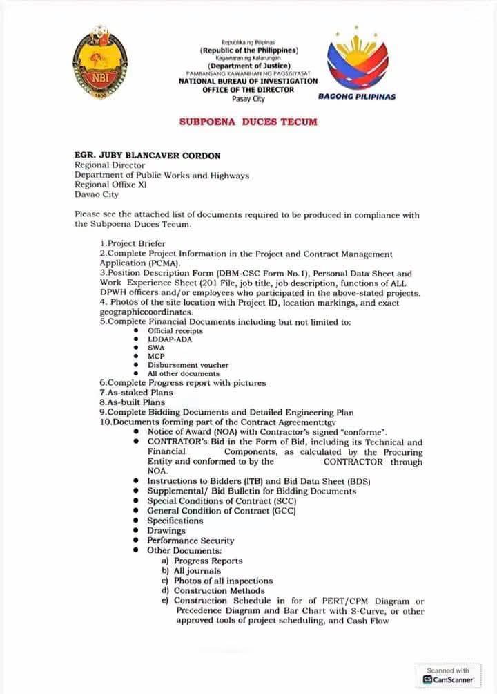 Page 2 of the NBI subpoena and Davao project records attached to the original Facebook post.